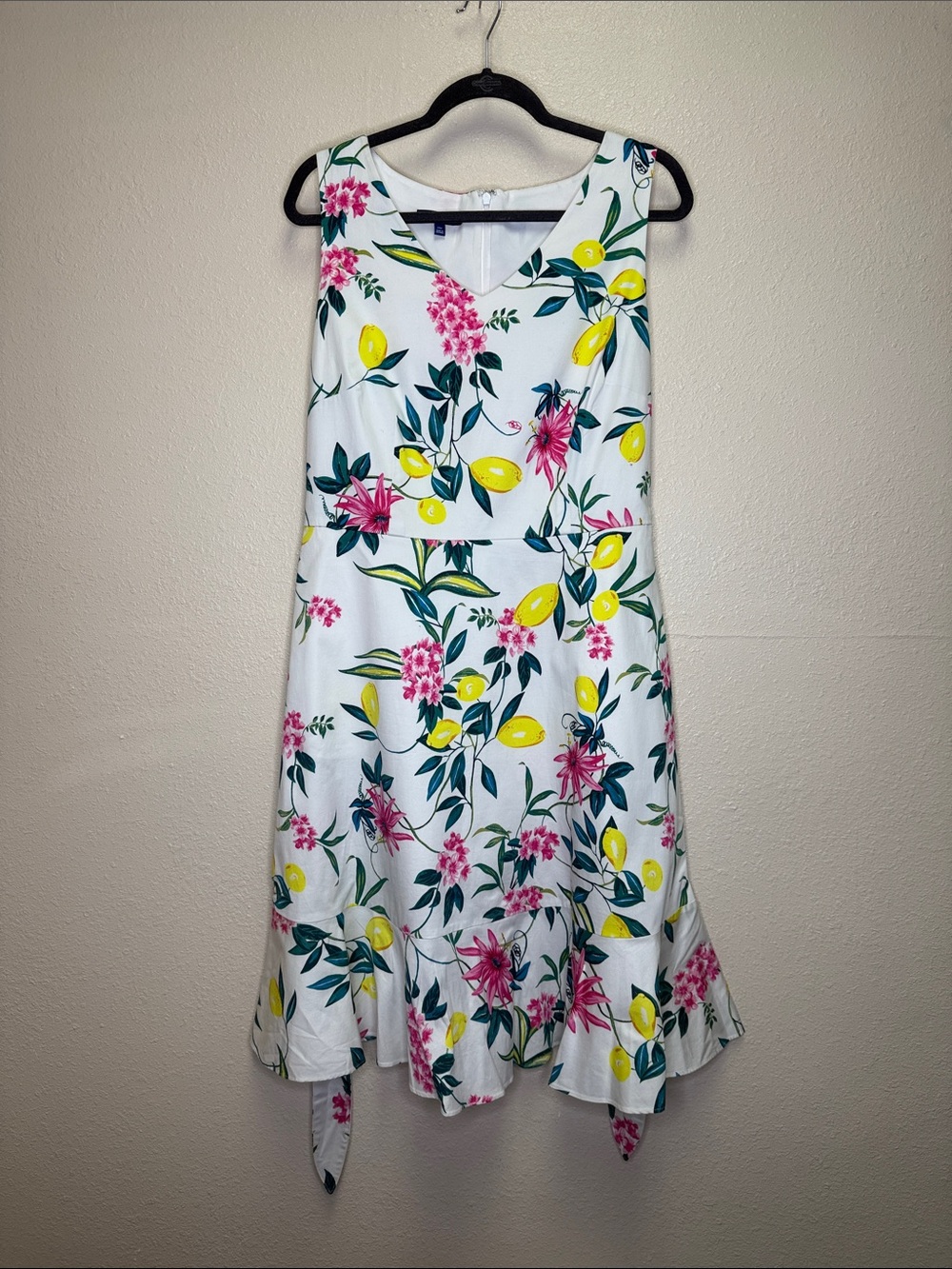 Talbots White Floral Midi Dress with Yellow Lemon Print